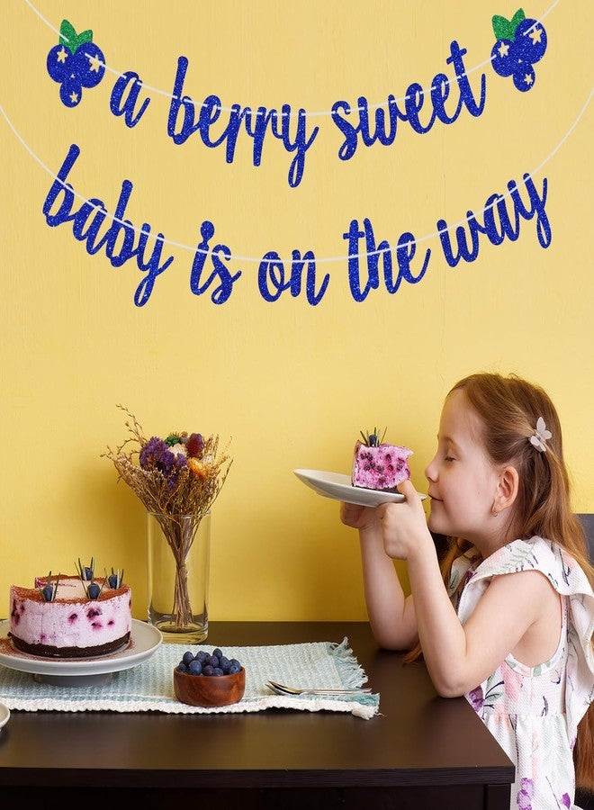 PYBHILK Blue Glitter A Berry Sweet Baby is on the Way Banner, Blueberry Oh Baby Party Background, Sweet Fruit Blueberry Baby Shower Gender Reveal Party Decorations Supplies - Image 3